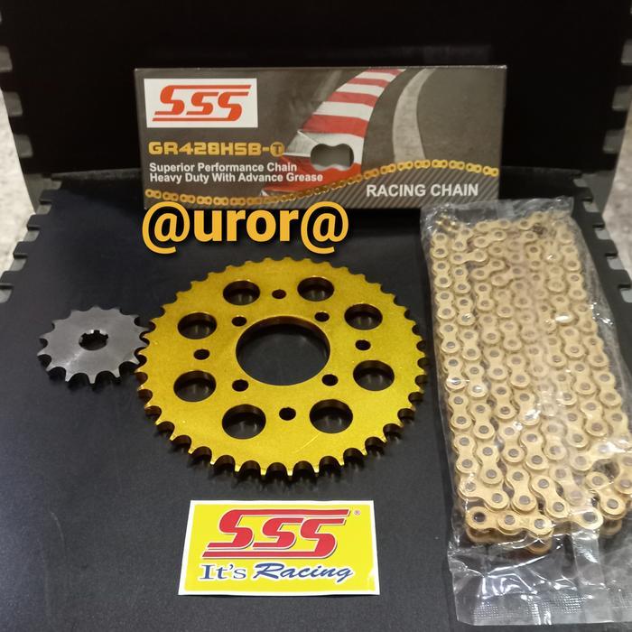 Gear Set Sss 428 Gold Satria Fu 150 Series & Rantai Sss 428 Hsbt Gold