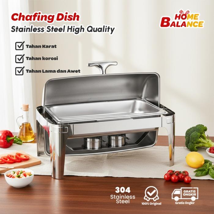 HomeBalance Chafing Dish Roll Top 9L Stainless Steel Tempat Prasmanan Pemanas Makanan Premium