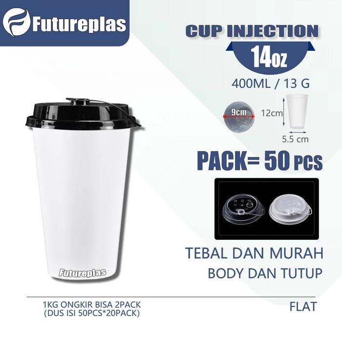 Cup & Tutup 50 PcsCup Injection 14Oz 400Ml Datar Reusable / Gelas Plastik Tebal Thinwall + Tutup