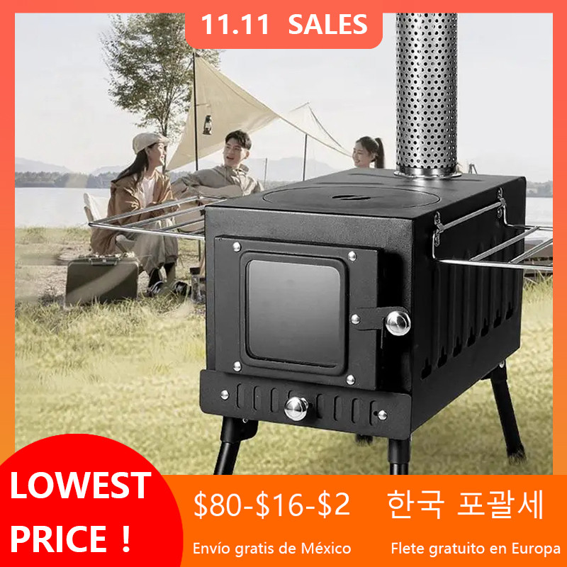 Kompor Tenda Berkemah dengan Cerobong Asap Kompor Kayu Portabel Kompor Memasak Barbekyu Piknik Lipat