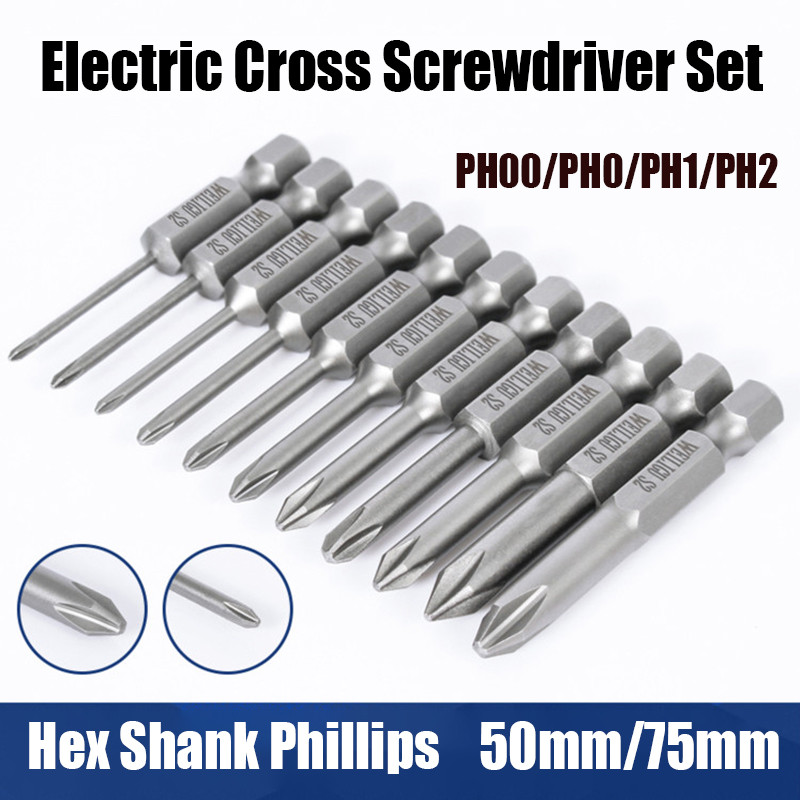 Set Obeng Silang Elektrik 50Mm 75Mm PH00 PH0 PH1 PH2 Mata Obeng Hex Shank Phillips Mata Bor Kepala B