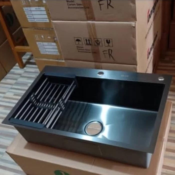Paket Kitchen Sink Stainless 8050 HITAM / Sink 8050 Black 1 lubang Besar + kran Fleksibel Tembok