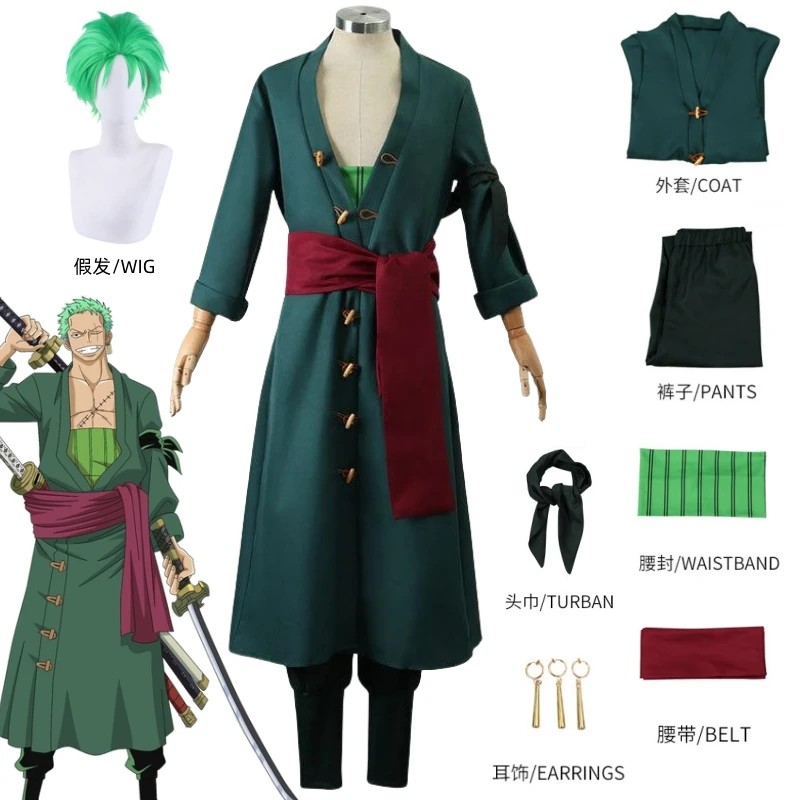 Anime Roronoa Zoro Cosplay Costume Uniform Green Coat Belt Pants Head Scarf Roronoa Zoro Wig