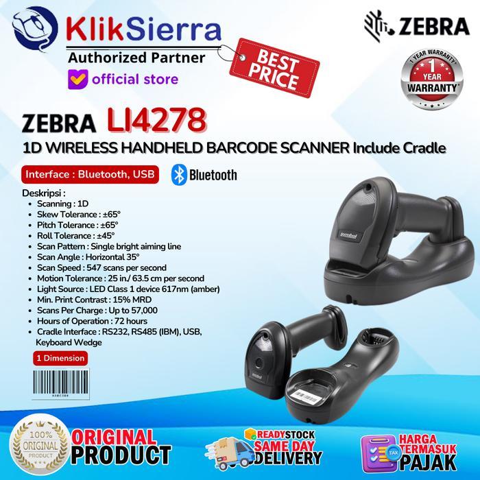 Scanner Barcode ZEBRA Li-4278 Li4278 1D Wireless Bluetooth Barcode Scanner With Cradle Docking -