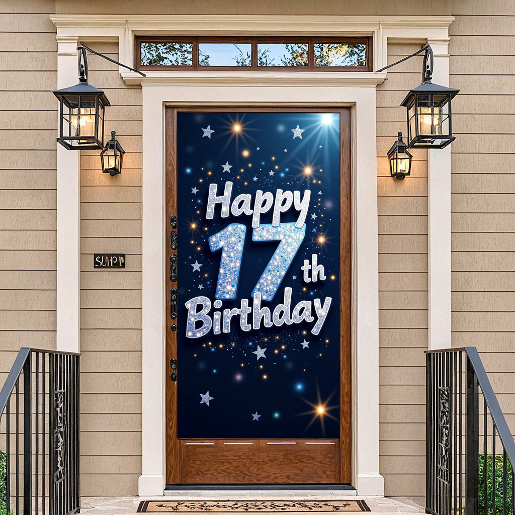 17th Birthday Backdrop Banner Starry Night Theme Happy Birthday Background Photography Props Party