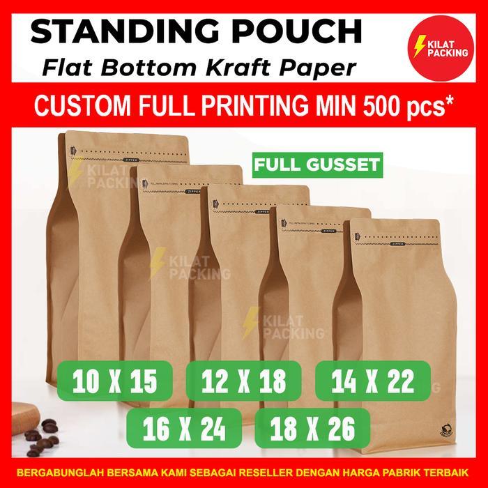 STANDING POUCH KRAFT KERTAS FLAT BOTTOM FULL GUSSET COKLAT SATUAN