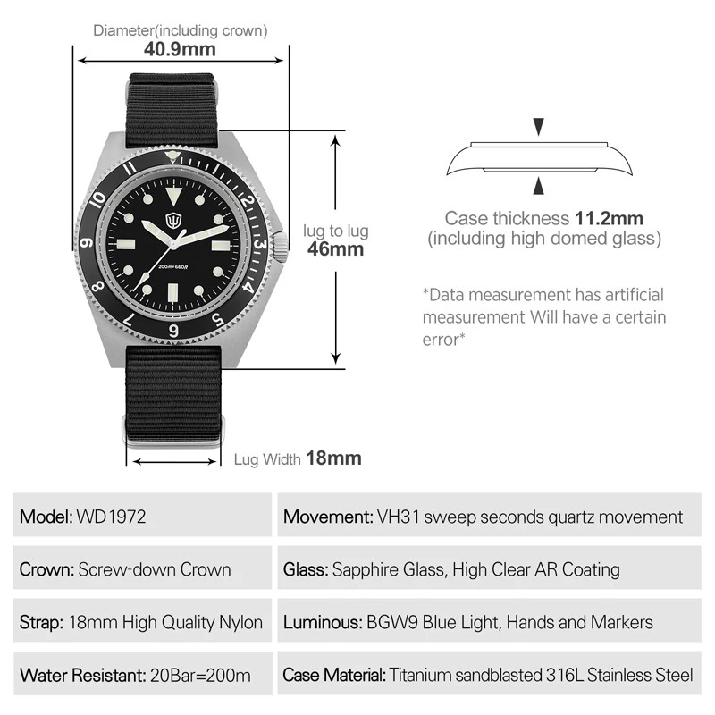 Watchdives WD1972 Men Watch VH31 Sweep Seconds Quartz Movement Sapphire Stainless Steel Watches