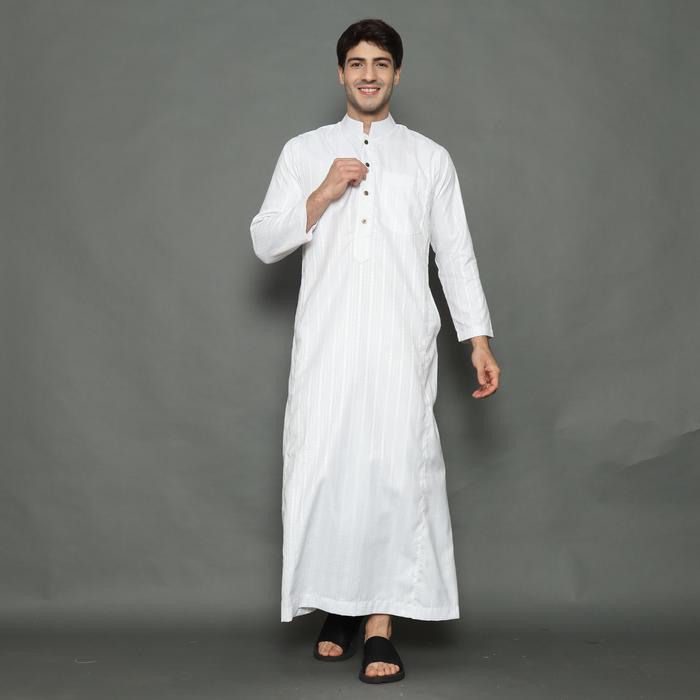 REV Gamis Jubah Pria Dewasa Putih Motif Salur Bulat Fashion Muslim Pria Katun Premium