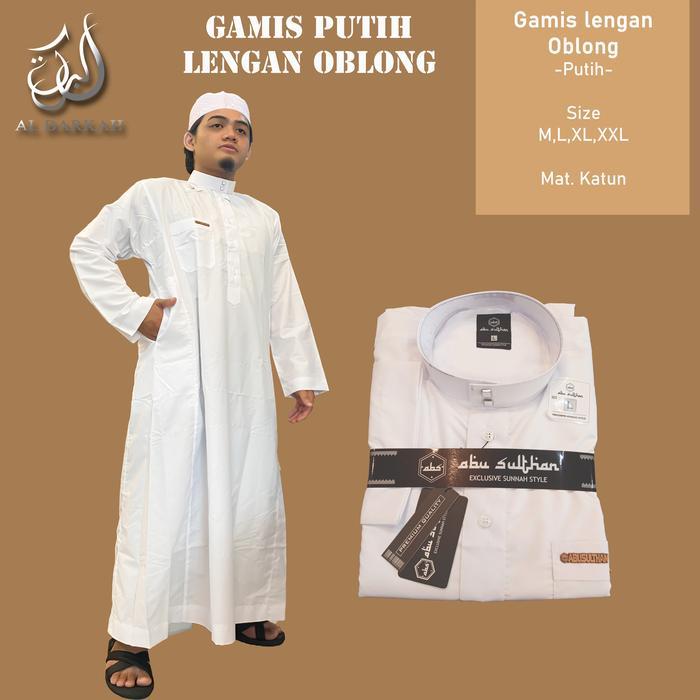 Stok Baru Gamis jubah Kancing Putih Kotak Jubah Pria Lengan Panjang Putih Busana Gamis Pria Oblong