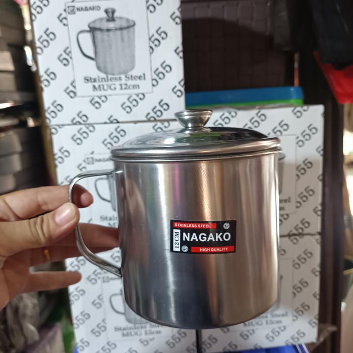 MUG STENLIS 12CM DENGAN TUTUP GELAS BESAR STAINLESS MUG STENLIS 555