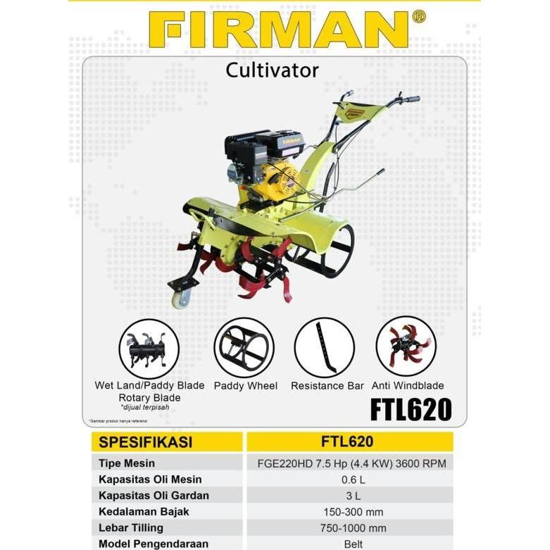 Mesin Traktor Cultivator Mini FTL620 Firman Engine FGE 220HD