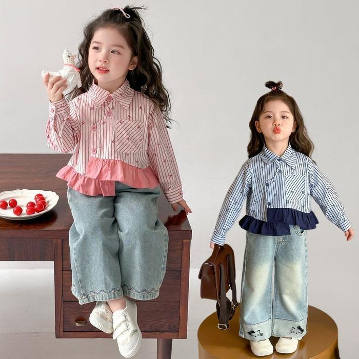 Premium Korea Style Setelan Anak Perempuan One Set Kemeja Bunga + Celana Jeans Kulot Celana Jeans
