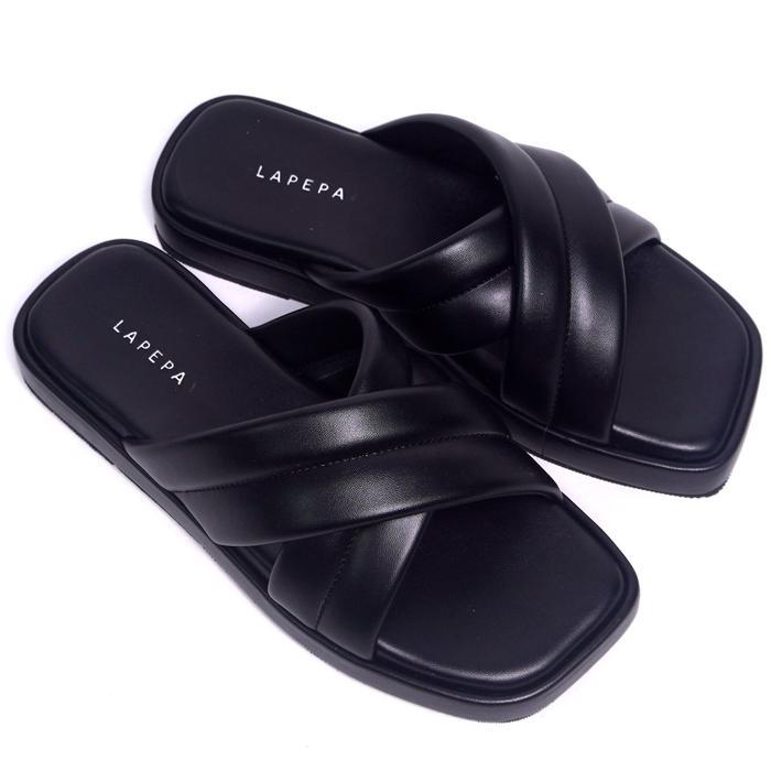 Murah Lapepa Bella Black Sandal Flat Wanita sendal teplek cewek model silang kekinian warna hitam