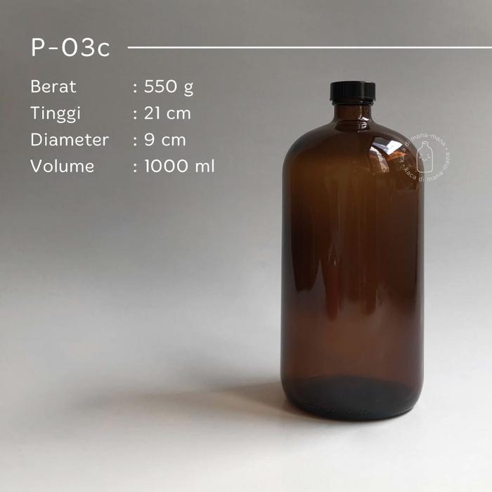 "New" Botol kaca 1000ml amber - botol juice kopi - Boston Round
