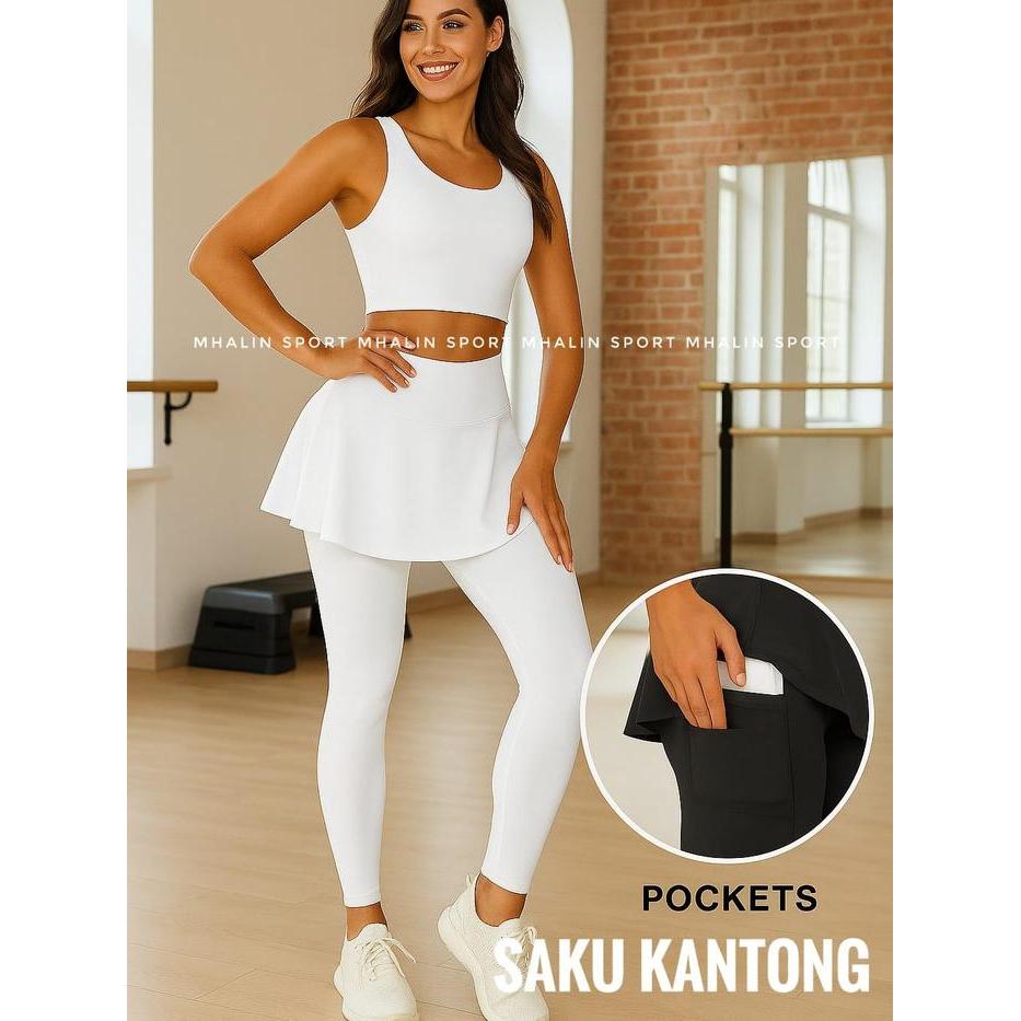 Unique Yoga - Legging Rok Sport Senam Aerobic Ada Kantong Samping - Rok Legging Senam Putih Polos