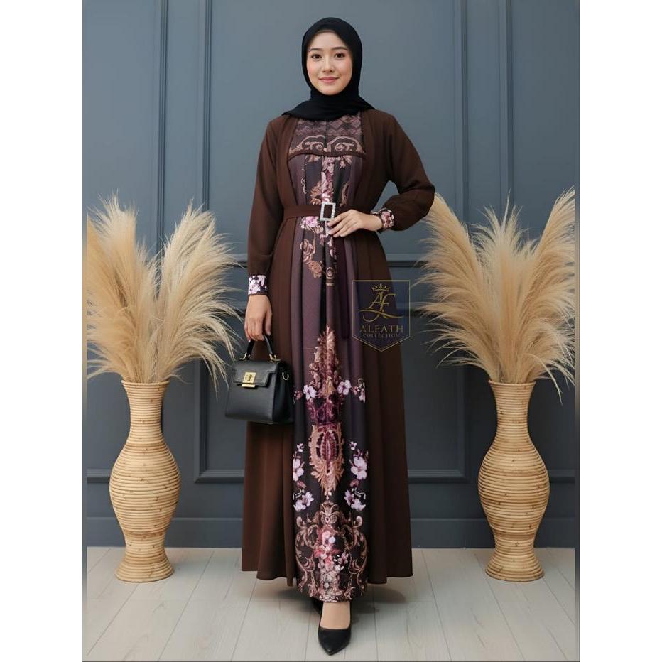 PREMIUM Arumi Dress Gamis Wanita Muslim Motif Elegan dengan Detail Bunga dan Belt Cocok untuk Acara