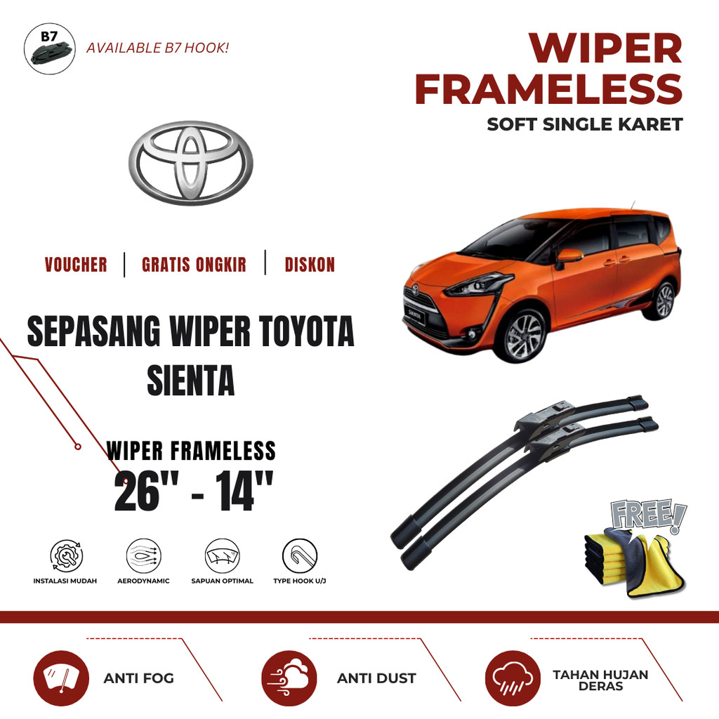 Wiper Toyota Sienta Frameless Kaca Depan Mobil Free Lap Microfiber