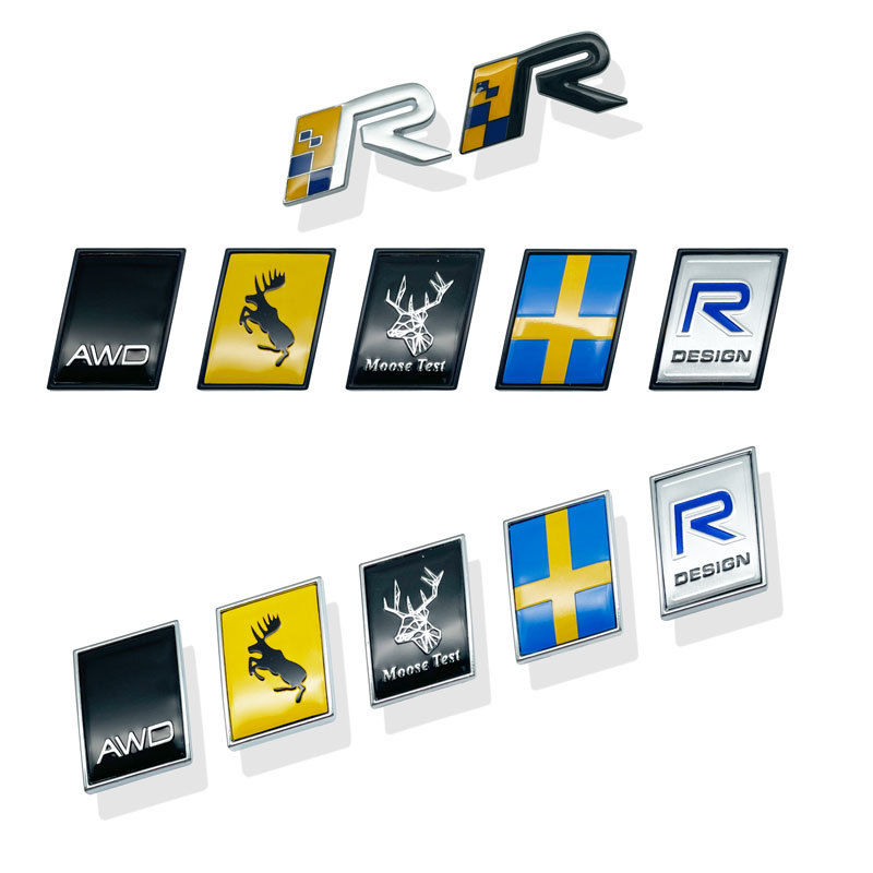 3D Metal Chrome R Design AWD Emblem Sweden Flag Moose Deer Rear Trunk Fender Side Badge Sticker For 