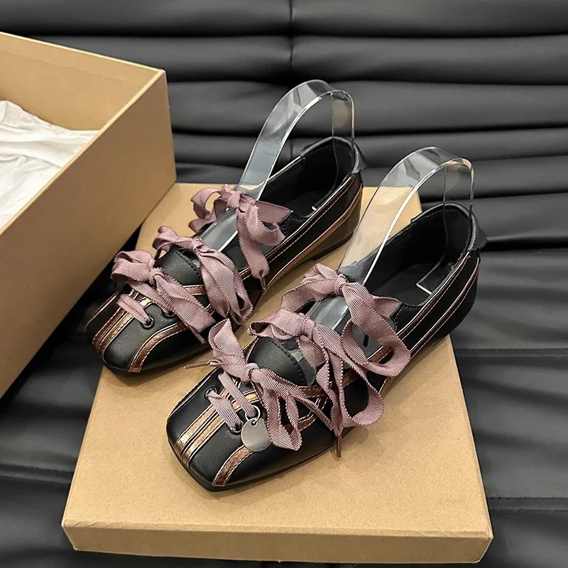 Jane Ballet Flats Round Toe Low Heel Black Purple Lace-Up Sier Metal Charm Designer Luxury Shoes