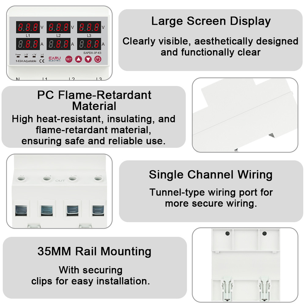 Three Phase Voltage Current Adjustable Over Under Voltage Current Limit Protection Relay Protector