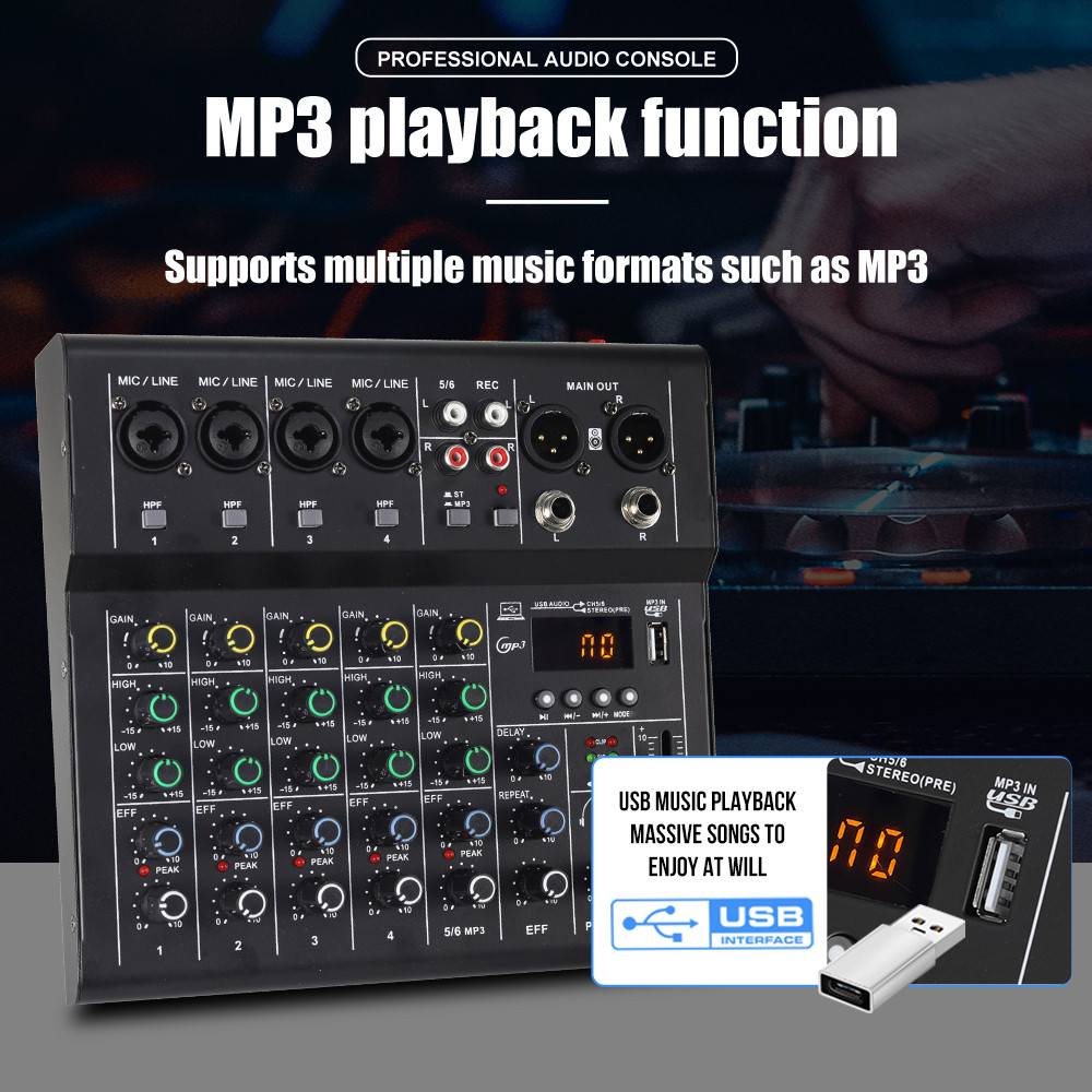 AM6 6 Channel Professional Sound Mixer Console Mini Audio Mixer Sound Card Computer Input 48v Power