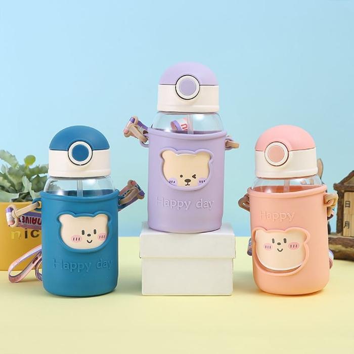 Botol Minum Anak Karakter / Botol Minum Sedotan Bertali / Botol Minum Silikon Plastik Silicone