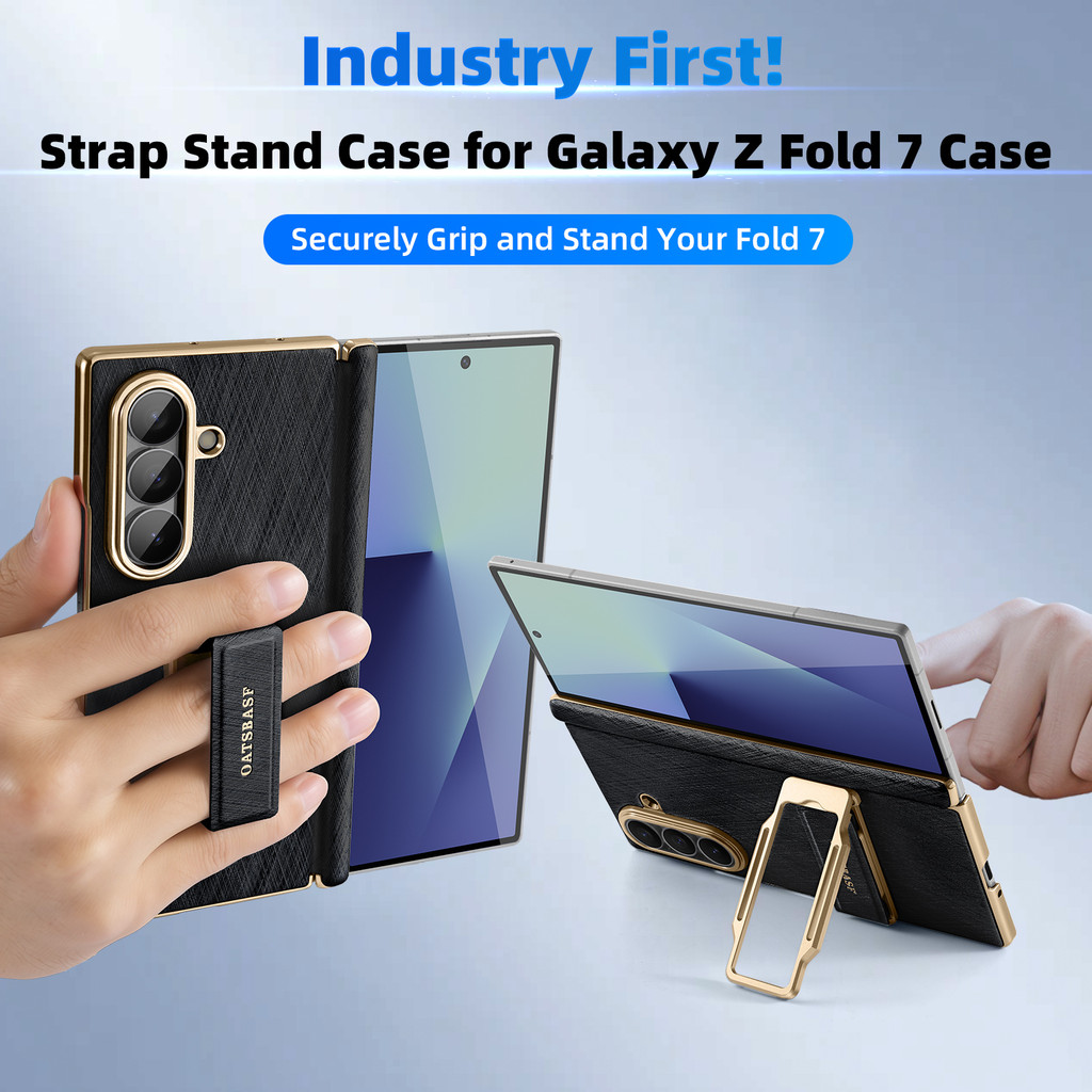 Oatsbasf Phone Case for Samsung Galaxy Fold 7 with Strap Stand Metal 360?Rotatable Fold 7 Leather