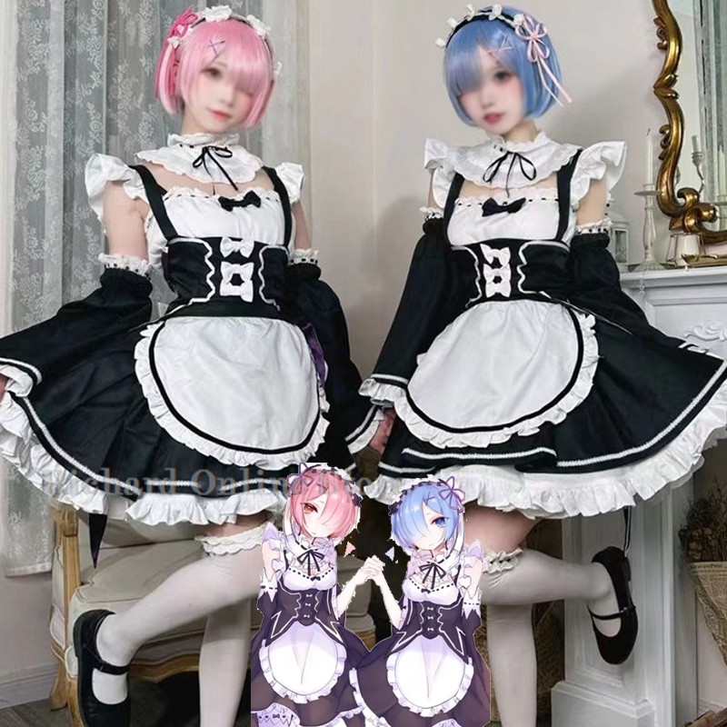 Ram Rem Lolita Maid Cosplay Costumes Wig Pecula Vestido Anime Re:Zero Kara Hajimeru Isekai Seikatsu