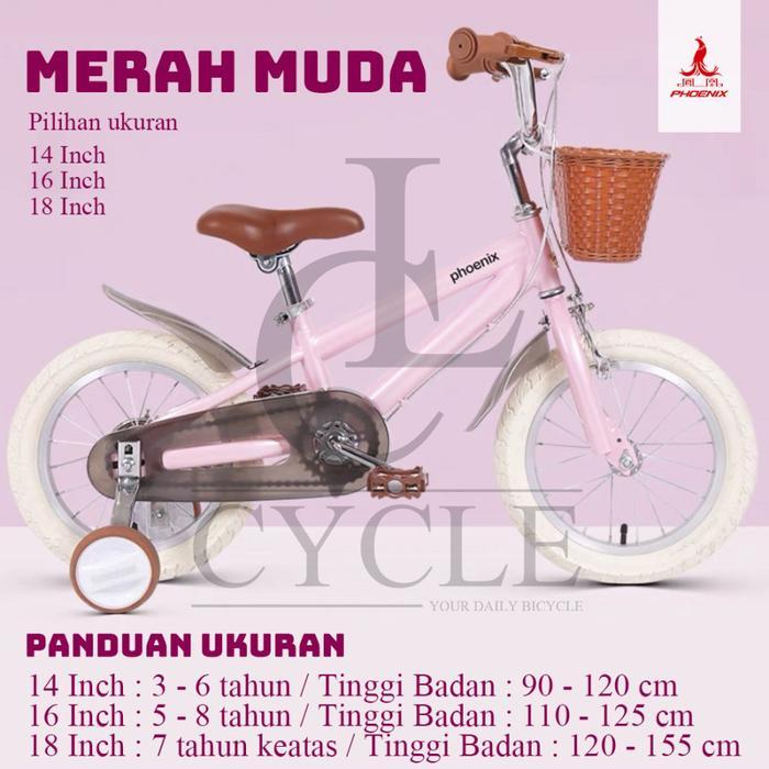 [READY] Sepeda Anak Roda Empat Phoenix Vintage - 14, 16 dan 18 Inch - Pink, 14 Inch