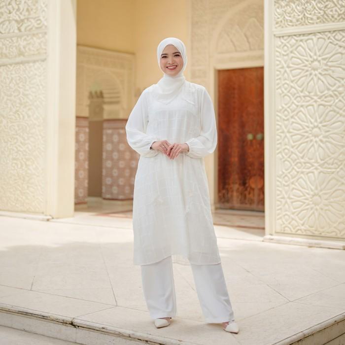 Zm Zaskia Mecca - Bivana Midi Dress Gamis - White Series - Binar Samudra Bordir Crinkle