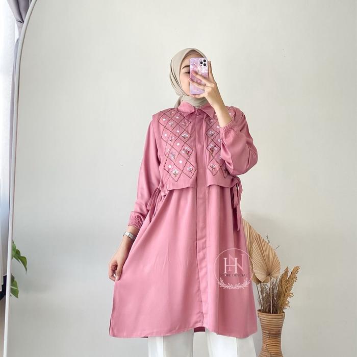 Best Seller Savia Tunik Panjang Kancing Variasi Bordir Rayon Twill Motif Rompi Tunik Wanita Muslim