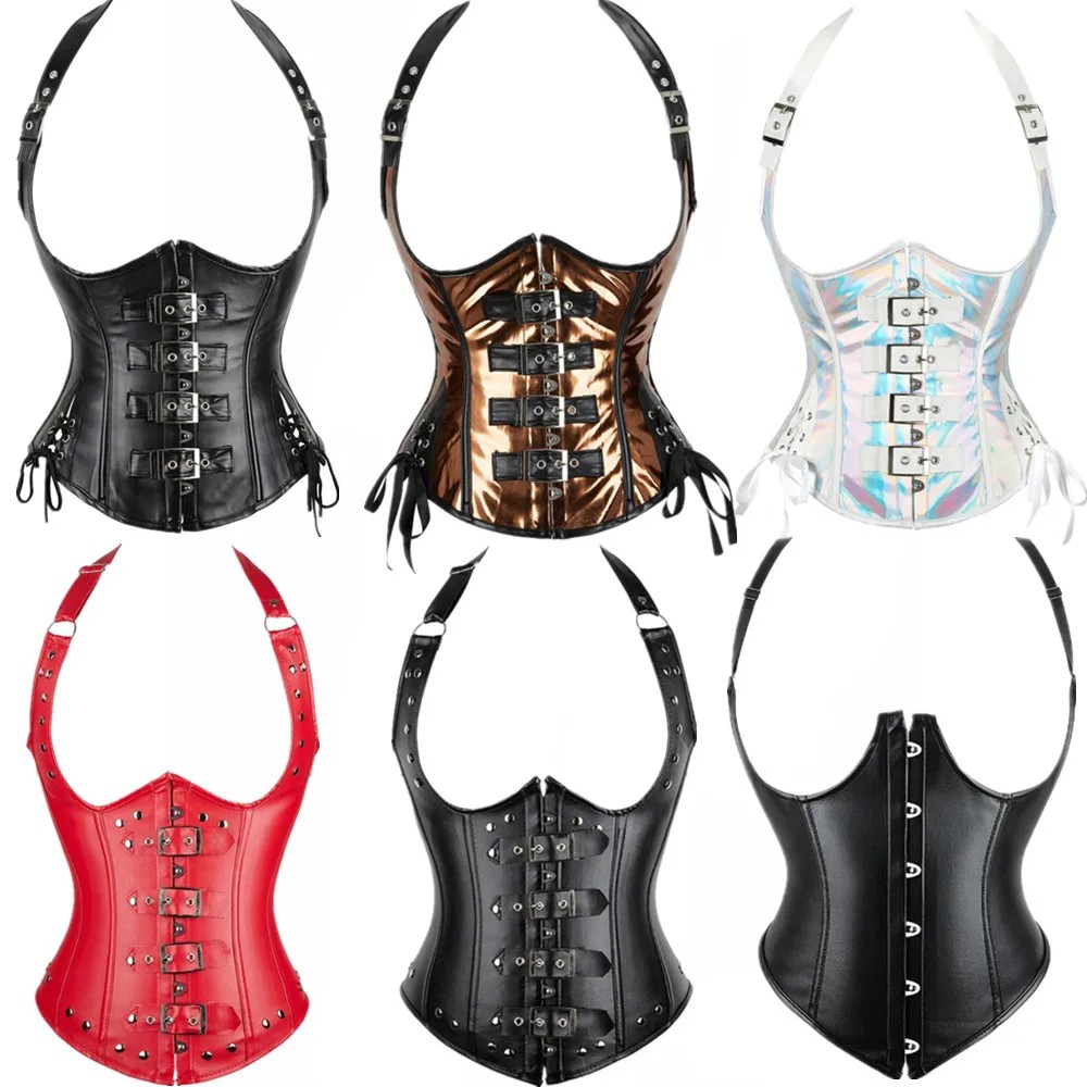 Leather Corset Top With Stra Steam Bustier Underbust Waist Trainer Vest Gothic Women Vintage Korset
