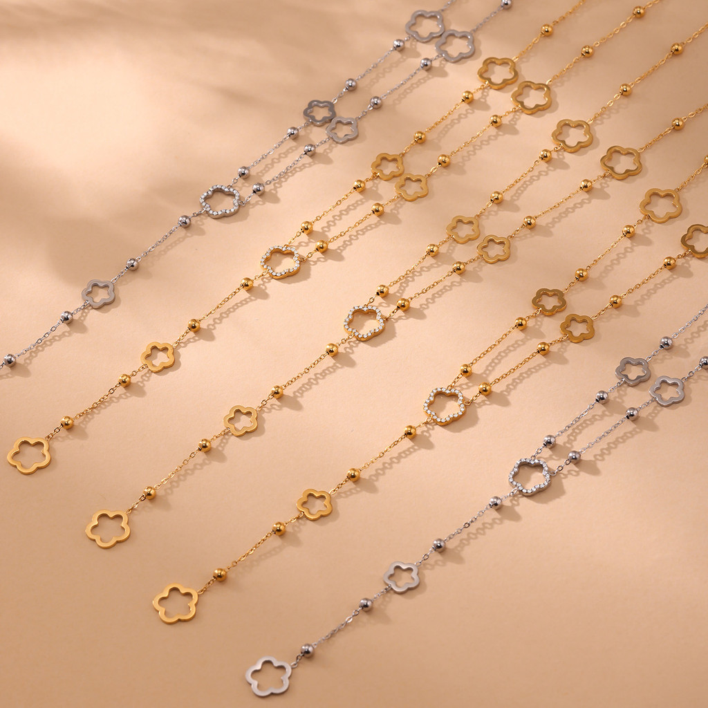 Liora Long Flower Chain Stainless Steel Zircon Necklaces For Women PVD Gold Plated Metal Female