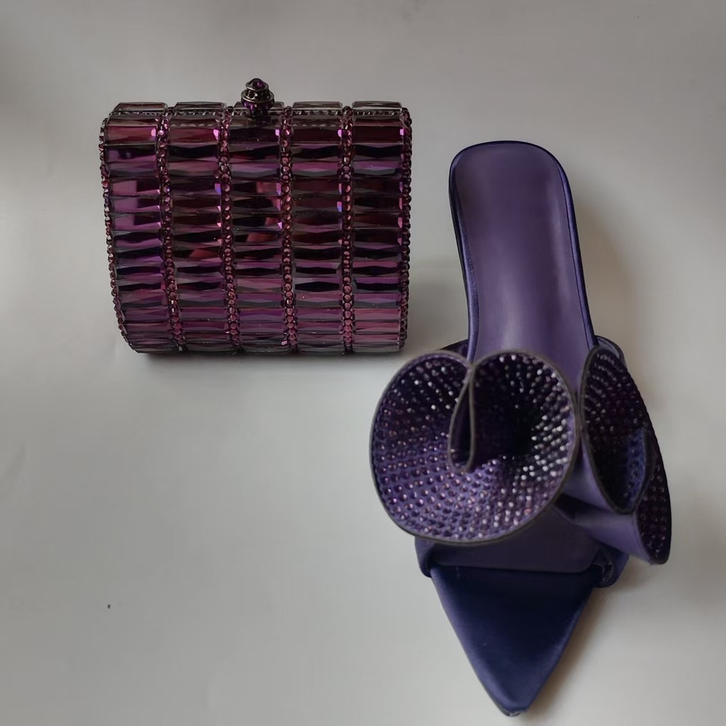 INSIGHTLINK High Heel and Bags Set Purple Color Italian Shoe with Purse Set Nigerian High Heels