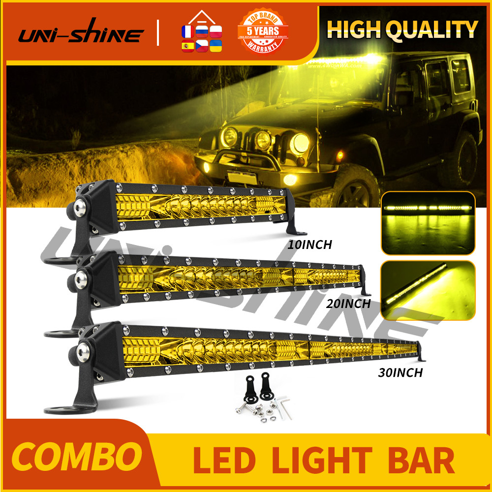 UNISHINE Single Row LED Light Bar 12V 24V 10-50inch Spot Flood Combo Beam LED Work Light Yellow Fog