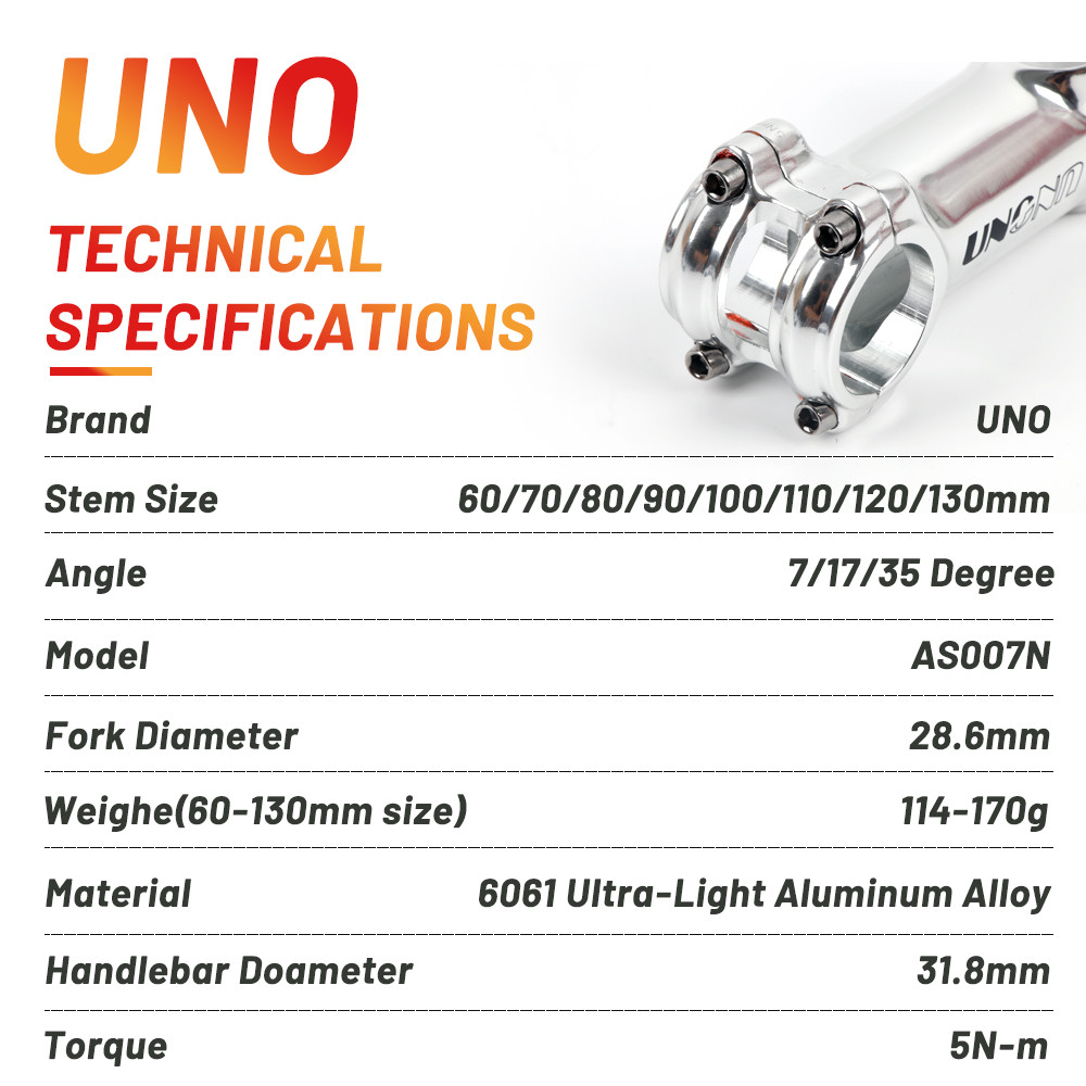 UNO Ultra Light Bicycle Stem Silver 7 / 17 / 35 Degree 60 / 70 / 90 / 110 / 120 / 130mm MTB Mountain
