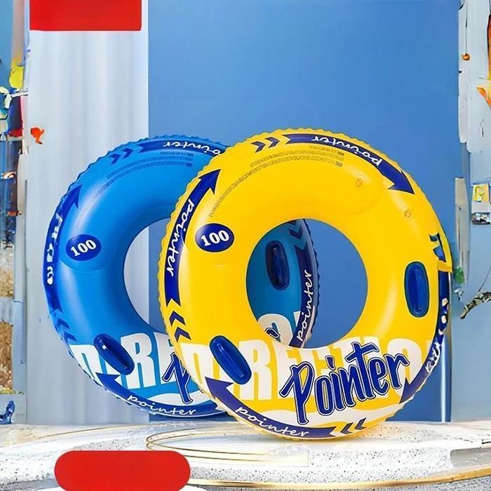 Pelampung Ban Renang Anak Bulat Ban Renang Dewasa Motif Warna Biru Kuning PVC 100cm Bahan Tebal