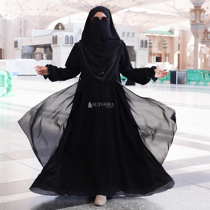 Alsyahra Exclusive Gamis Abaya Kapadokya Sifon Silk Jetblack Muslim Wanita Syari Mewah Hitam Arab