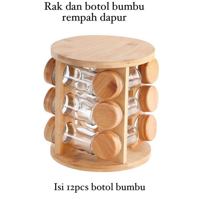 [Ms] Rak Kayu Dan Botol Bumbu Kaca Dapur Rak Putar Bumbu Spice Carousel 12 Jar Rotating