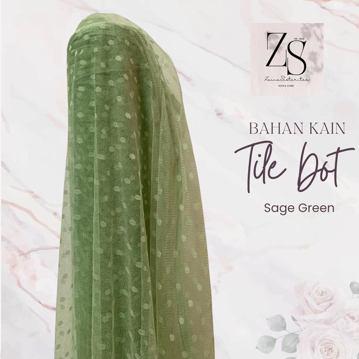 Bahan Kain Tile Tulle Jaring Dot Dotty Halus Lemas Warna Hijau Sage Green - 0,5 Meter