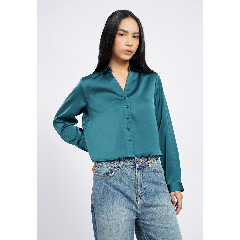 Executive Long Sleeve Crop Satin Shirt Teal