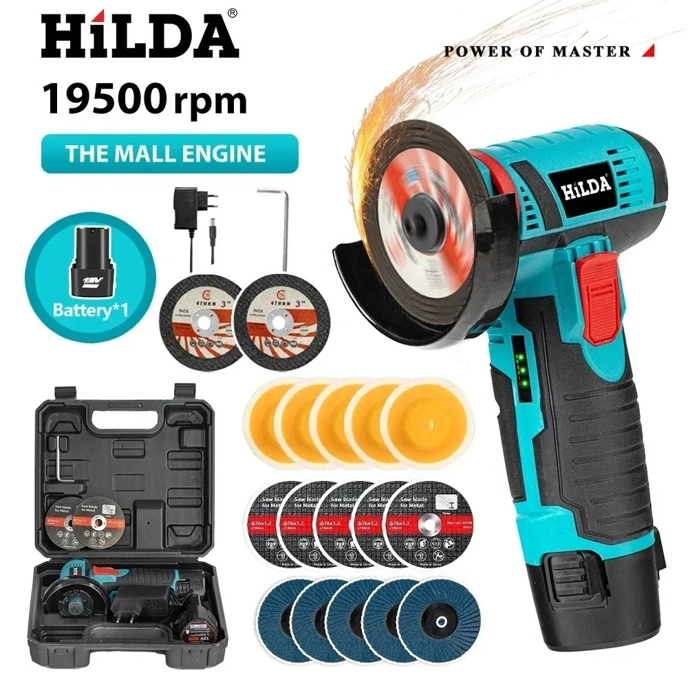 HILDA 12V Miniature Rechargeable Mini Angle Grinder with Battery Cutting Blade Polishing Grinder for
