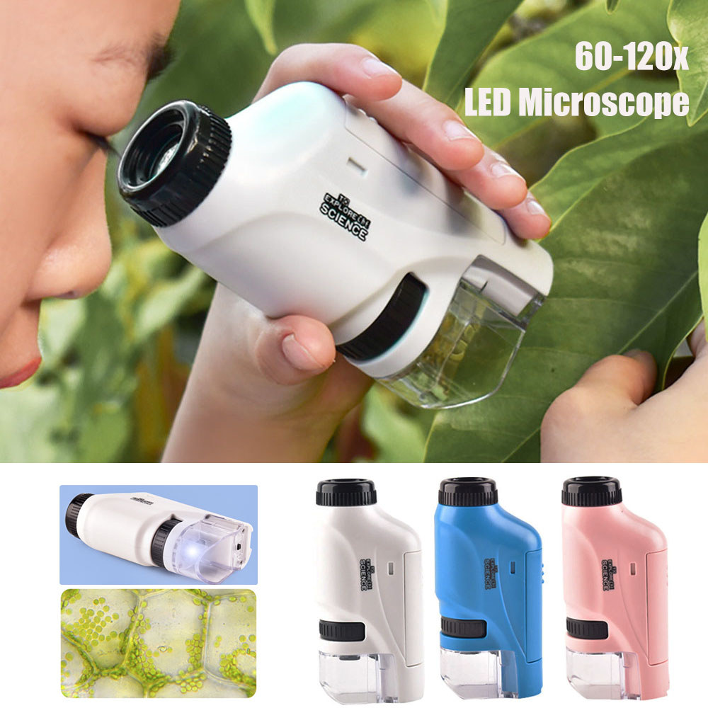 Mikroskop Saku Mini Lab 60-120x Mikroskop Genggam Mikroskop Sains Anak-anak dengan Lampu LED Mikrosk