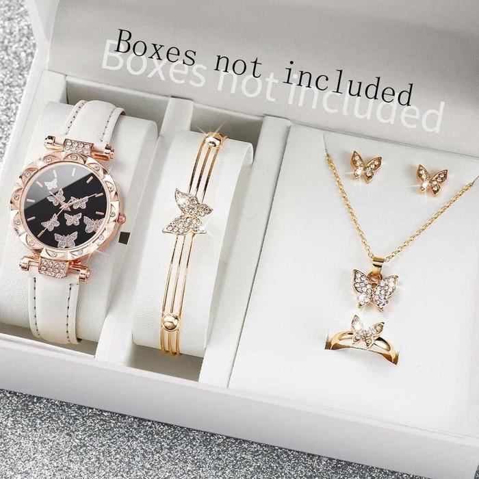 Jam Tangan Kuarsa Wanita Mode Kupu-kupu Kecil Berlian Penunjuk Dial Besar Tali Kulit PU Jam Tangan