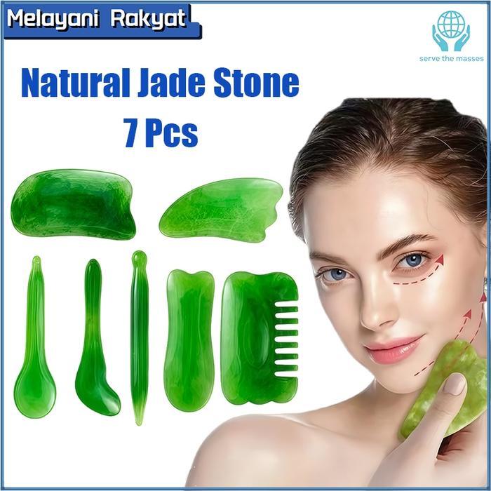 7Pcs Alat Pijat Wajah Gua Sha Gua Sha Board Batu Jade Giok Asli Alami Massage Massager Stone