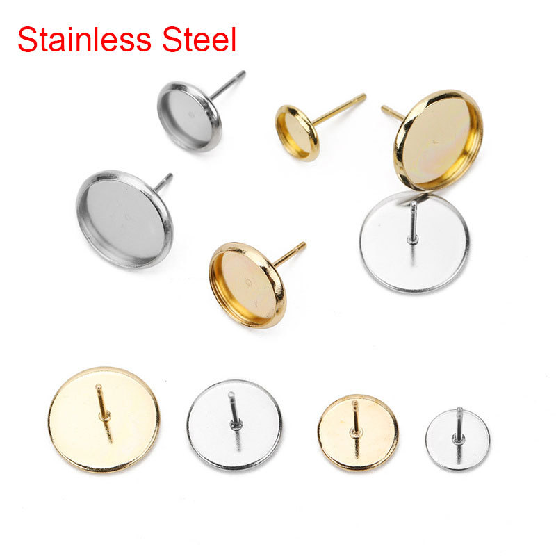 20pc Hypoallergenic Stainless Steel Stud Earring Diy Findings 6mm 8mm 10mm 12mm Cameo Cabochon Base