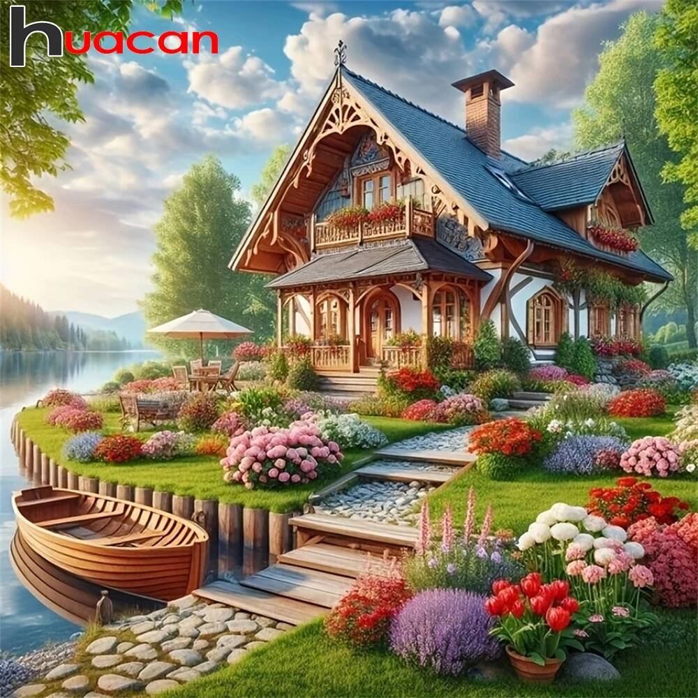 Huacan Diamond Painting Kits House Path Small Rr Landscape Full Round Diamond Mosaic Home Decoration