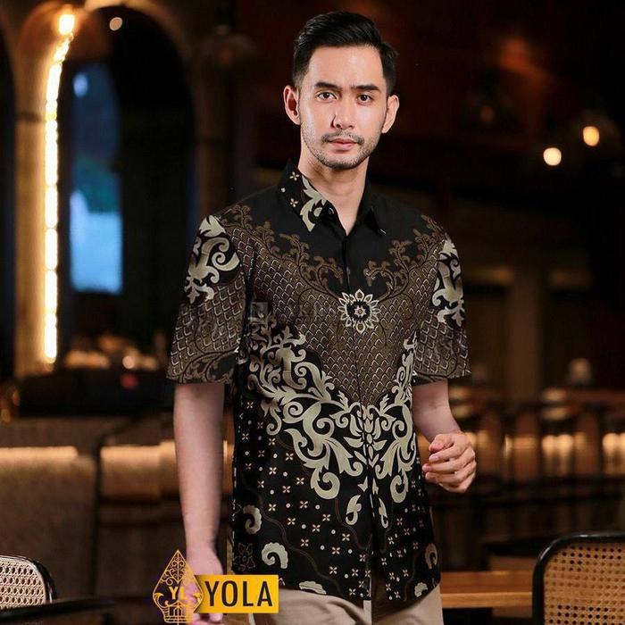 Baju Atasan Kemeja Hem Batik Pria Lengan Pendek Cowok Kerja Motif Tama Hitam Terbaru Ukuran Reguler