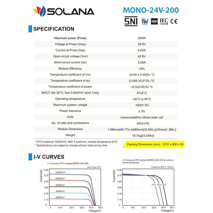 SOLAR PANEL 200WP SOLANA SOLAR CELL MONOCRYSTALLINE