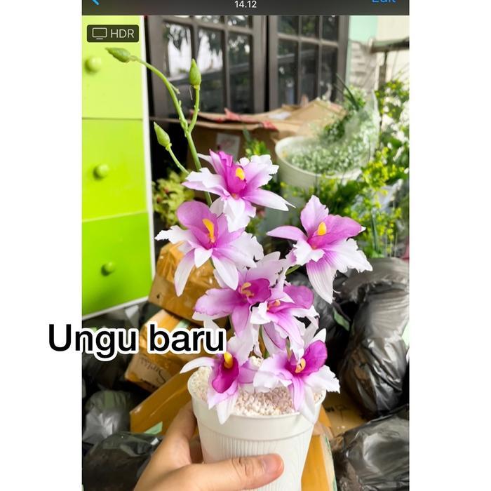 "New" Anggrek Dendro Mini Bunga Plastik dengan Pot Putih Pot Putih